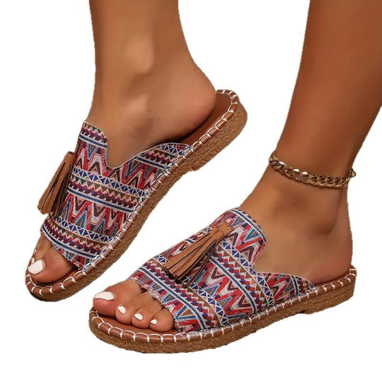 Damen Ethno-Slipper-Sandalen mit Quaste und handgenähter Ziernaht Shop Nory