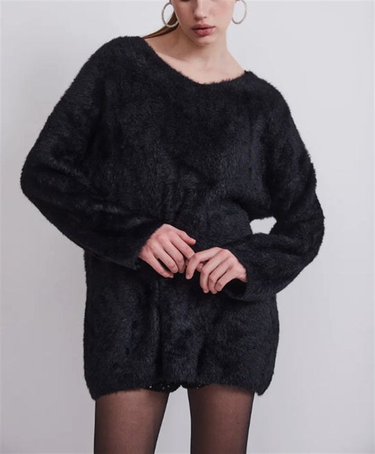 Damen Oversize-Flauschpullover mit V-Ausschnitt und Teddy-Optik Shop Nory