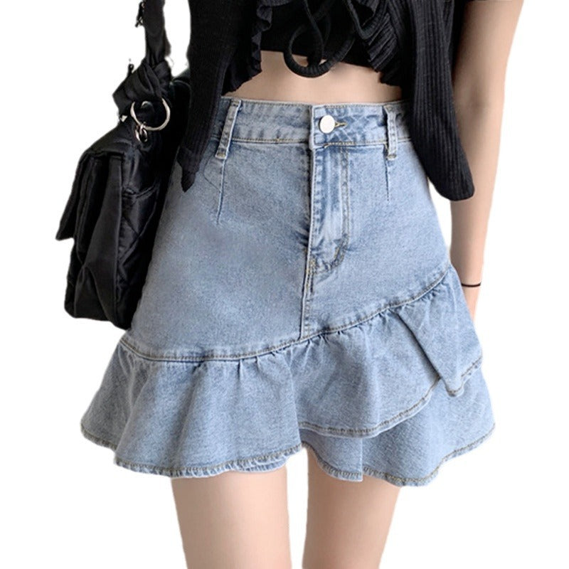 Damen Jeansrock mit voluminösem Rüschensaum und knopfbarem Bund