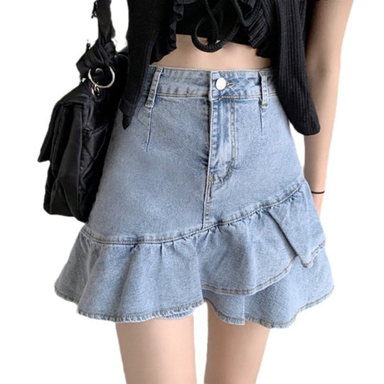 Damen Jeansrock mit voluminösem Rüschensaum und knopfbarem Bund