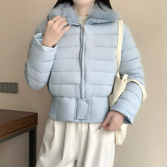 Damen nan kurze wattierte Taillenjacke mit abnehmbarem Kunstfellkragen und verstärktem Saum Shop Nory