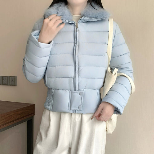 Damen nan kurze wattierte Taillenjacke mit abnehmbarem Kunstfellkragen und verstärktem Saum Shop Nory