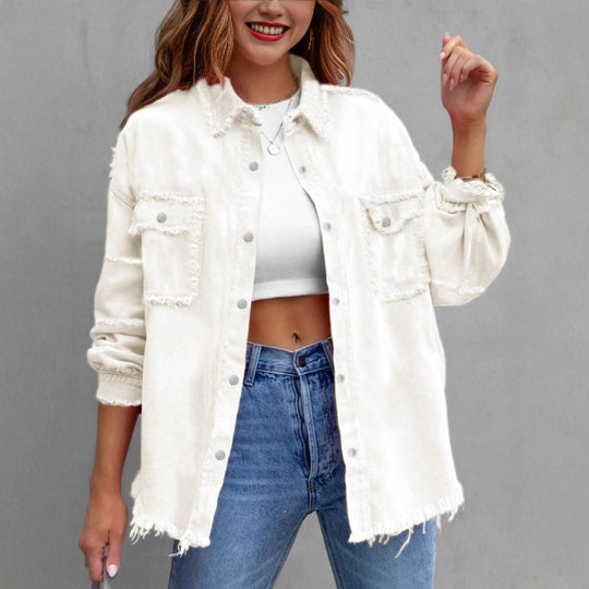 Damen Lässige Denim-Überwurfjacke im Hemdstil mit Raw-Edge und Druckknopfleiste Shop Nory