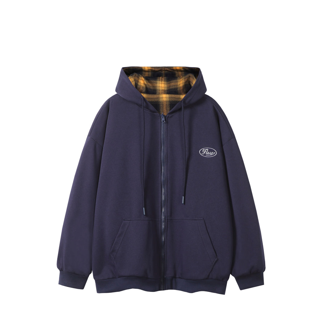 Unisex Oversize-Kapuzenzipjacke mit karierter Kapuzenfütterung und Kängurutaschen Shop Nory