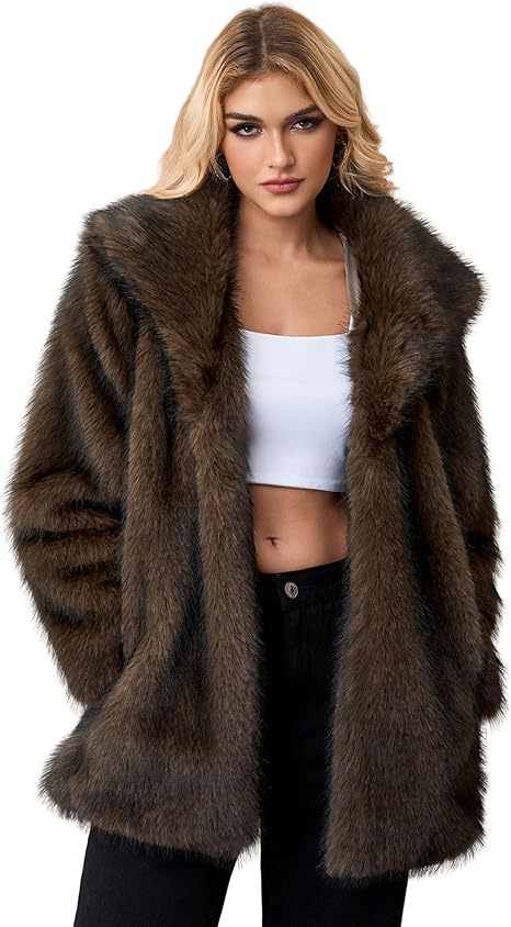Damen Kurzer Faux‑Fur‑Mantel mit weitem Schalkragen, offener Front und Eingrifftaschen Shop Nory