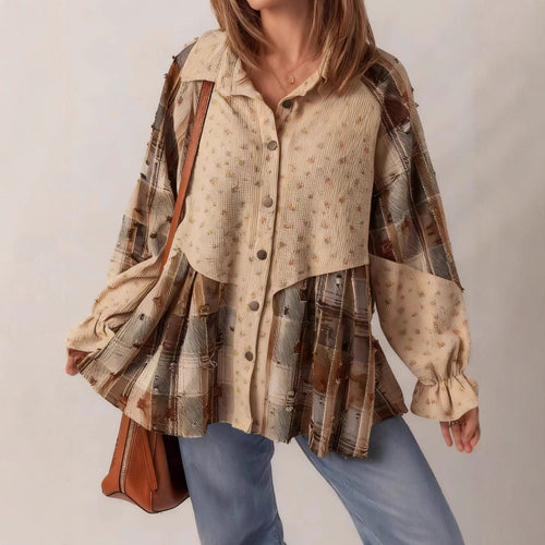Damen Patchwork-Bluse-Jacke mit plissiertem Saum und Knopfleiste Shop Nory