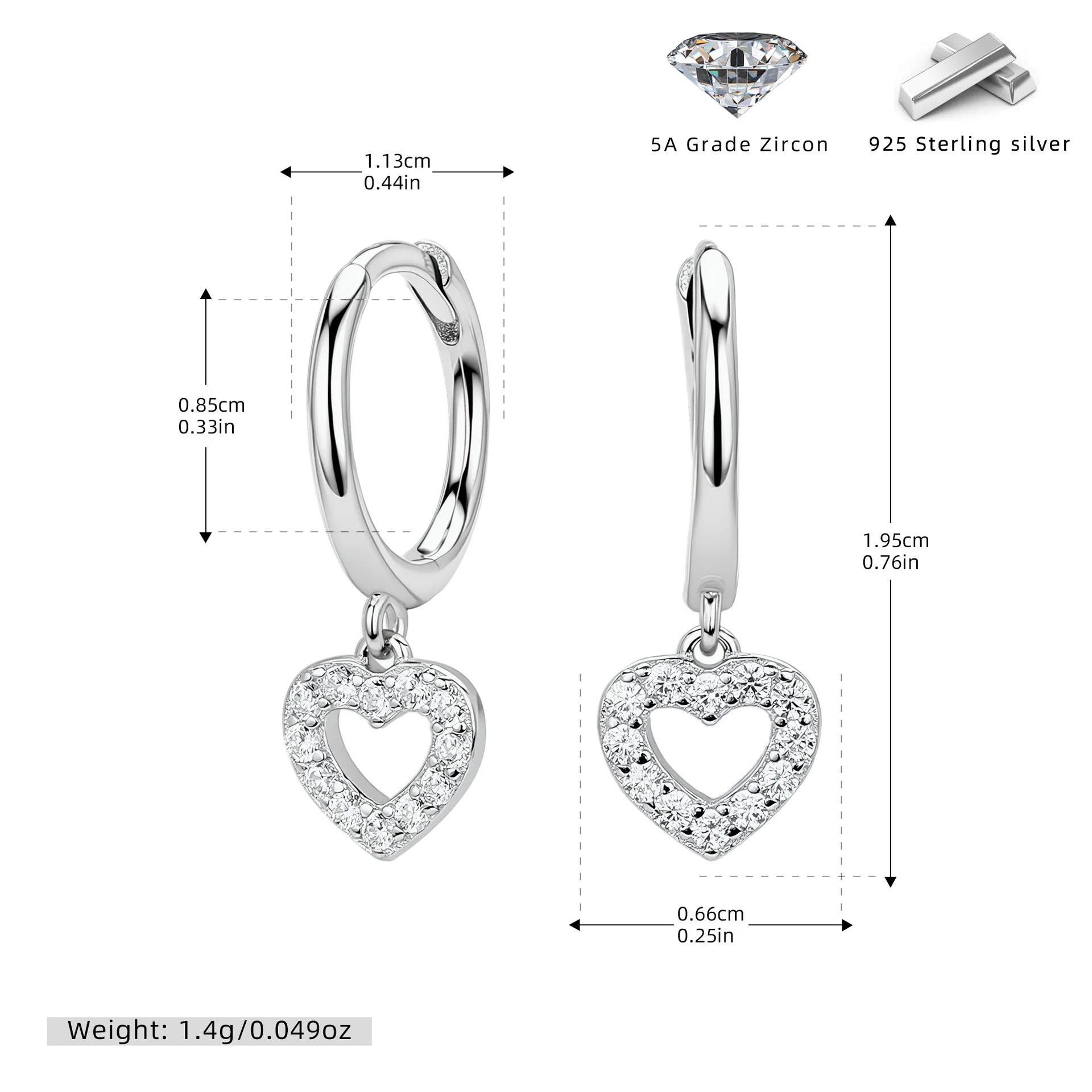Damen Ohrhänger mit herzförmigem Zirkonanhänger aus hochwertigem 925 Sterling Silber Shop Nory