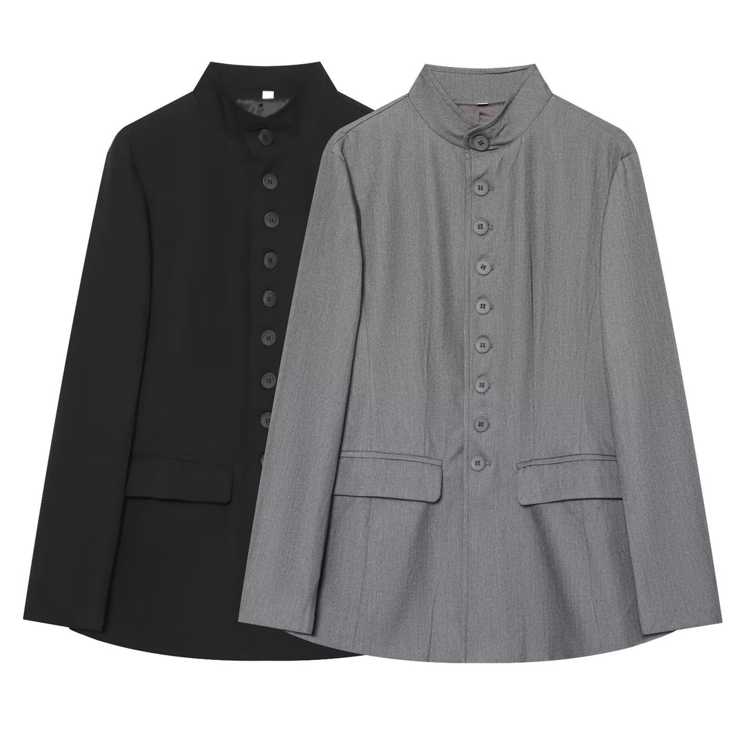 Damen Lang geschnittener Blazer mit Stehkragen und durchgehender Knopfleiste Shop Nory