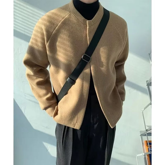 Herren Kragenloser Boxy-Rippenstrick-Cardigan mit verdeckter Druckknopfleiste Shop Nory
