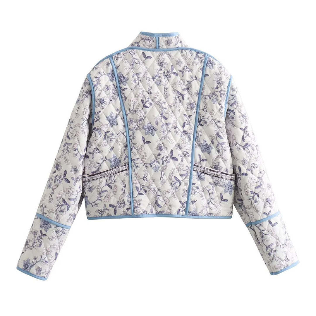 Damen Gestepptes Cropped-Steppjacke mit floralem Allovermuster und kontrastierender Paspelierung Shop Nory