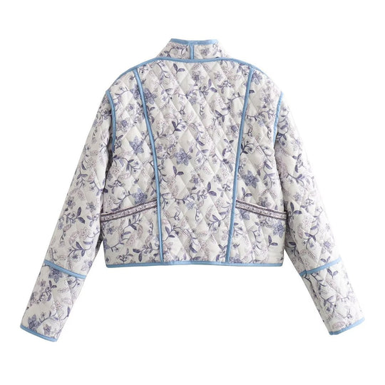 Damen Gestepptes Cropped-Steppjacke mit floralem Allovermuster und kontrastierender Paspelierung Shop Nory