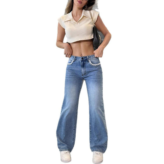 Damen hochtaillierte weite Jeanshose mit geradem Bein und Spitzenbesatz Shop Nory