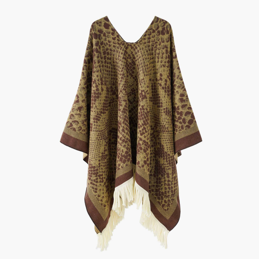 Damen Jacquard-Knitcape mit Leoparden‑Print, V‑Ausschnitt und Fransensaum Shop Nory