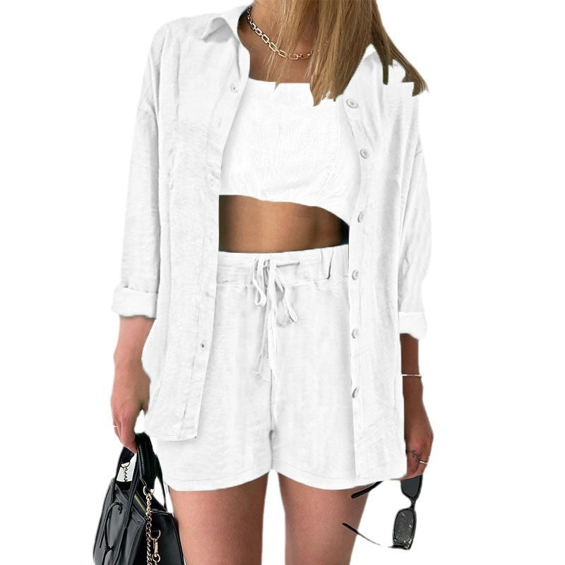 Damen Leinenoptik dreiteiliges Sommer-Lounge-Set mit Oversize-Hemd Cropped-Top und High-Waist-Shorts Shop Nory