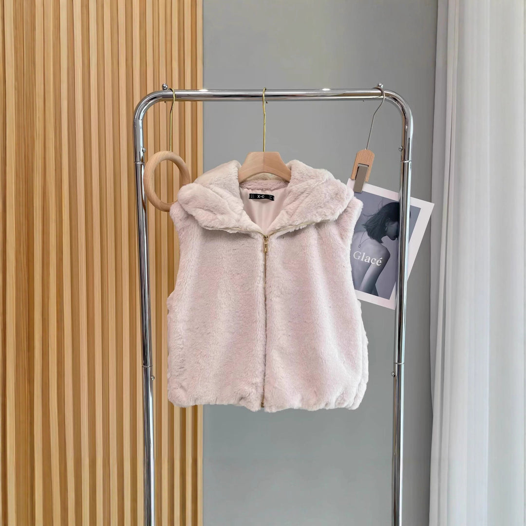 Damen Ärmellose Teddyweste mit Kapuze und Reißverschluss Shop Nory