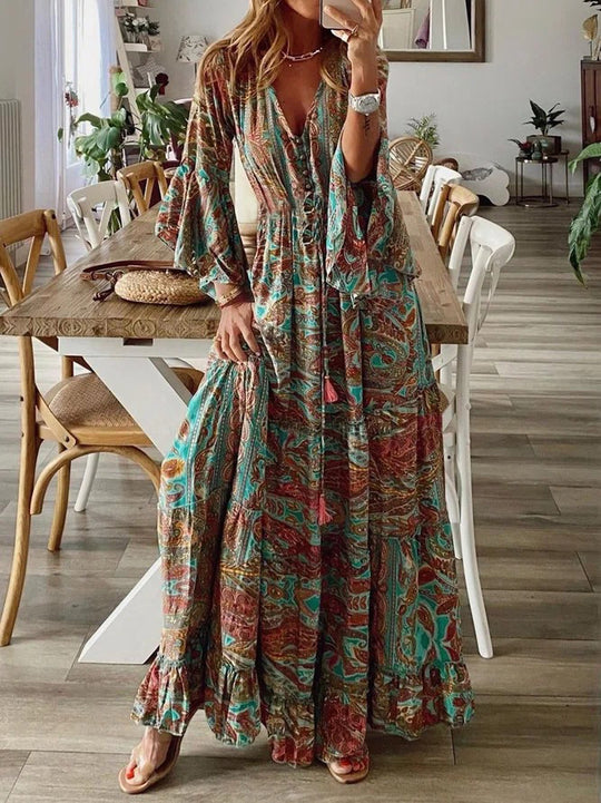 Damen Boho Maxikleid mit Paisley-Print, V-Ausschnitt, Stufenrock und Bindegürtel Shop Nory