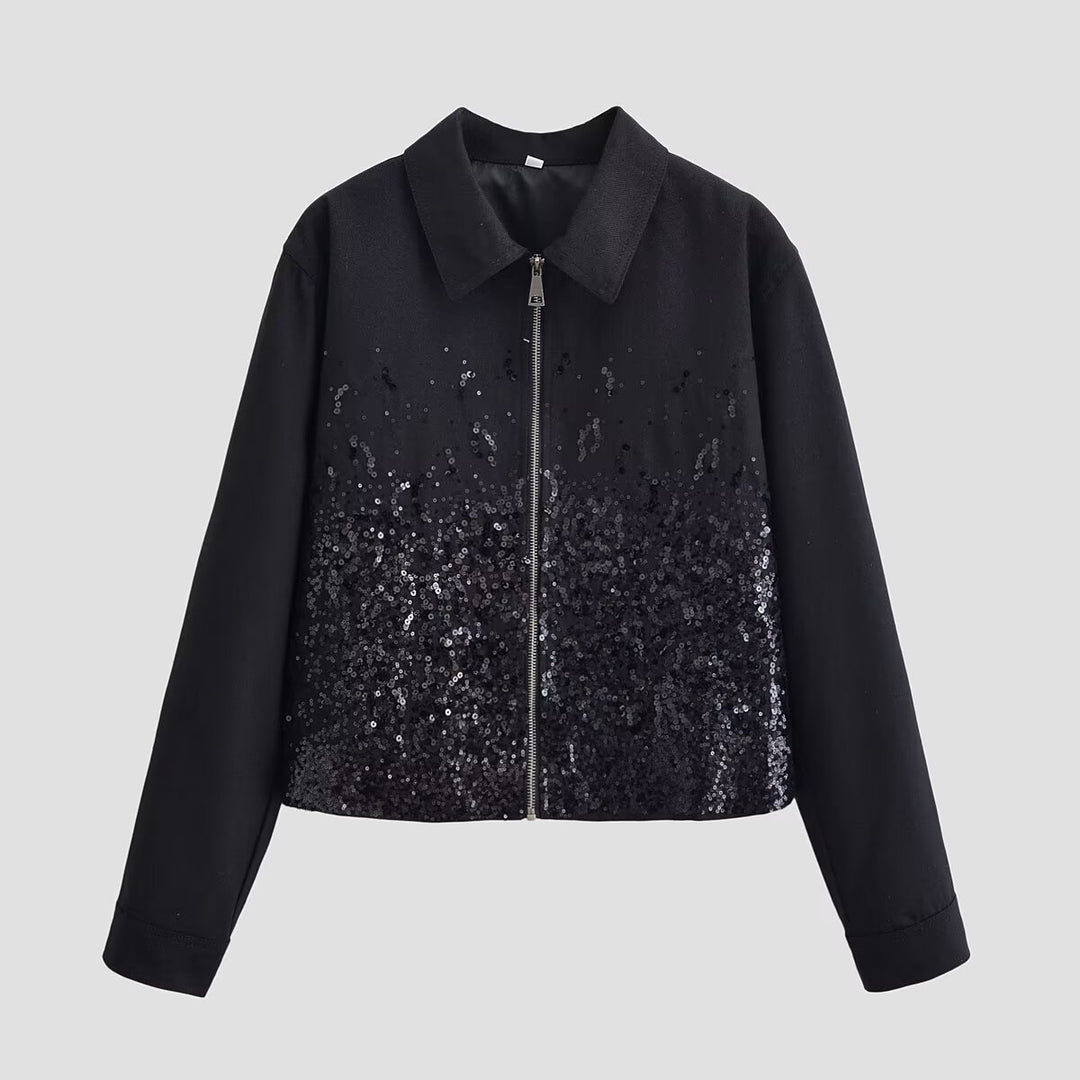 Damen Kurzjacke mit durchgehendem Reißverschluss und Paillettenfront Shop Nory