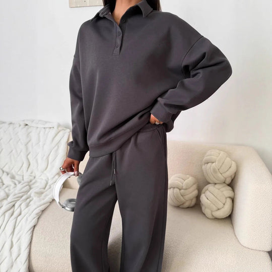 Damen weites Polo-Lounge-Set mit elastischem Tunnelzugbund und Wide‑Leg-Jogginghose Shop Nory