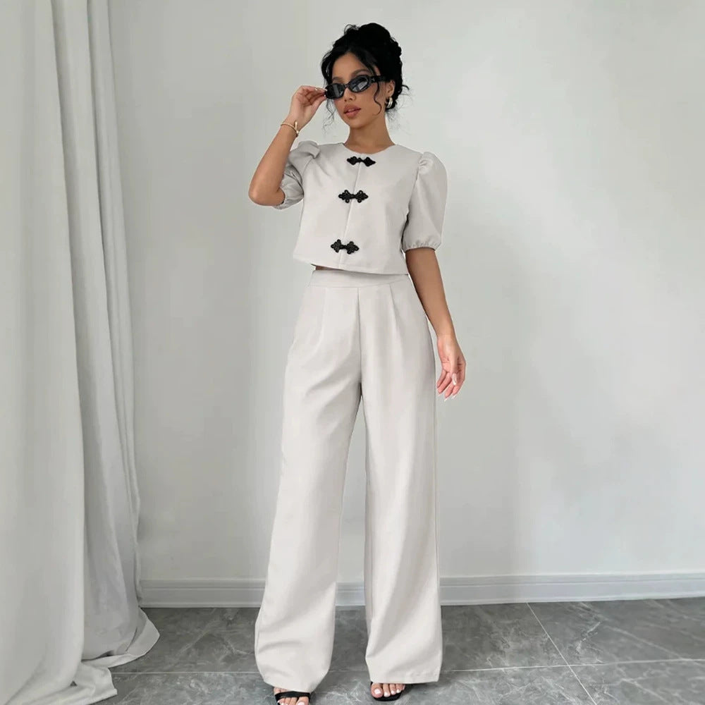 Damen Zweiteiliges Tailoring-Set mit Kurzjacke, Puffärmeln und hochgeschnittener Weithose Shop Nory