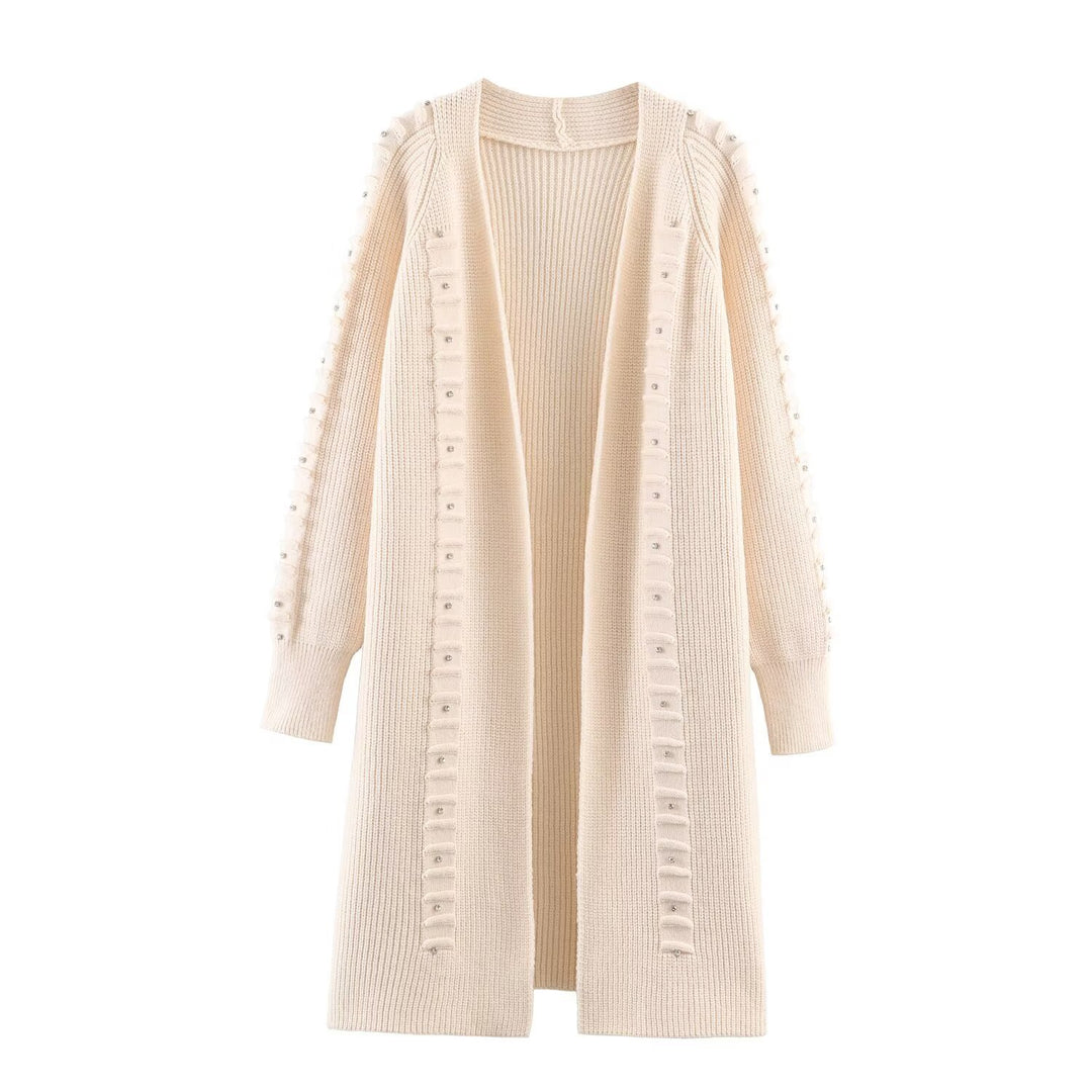 Damen Longline Strickcardigan mit Perlen- und Rüschendetail offene Front Shop Nory