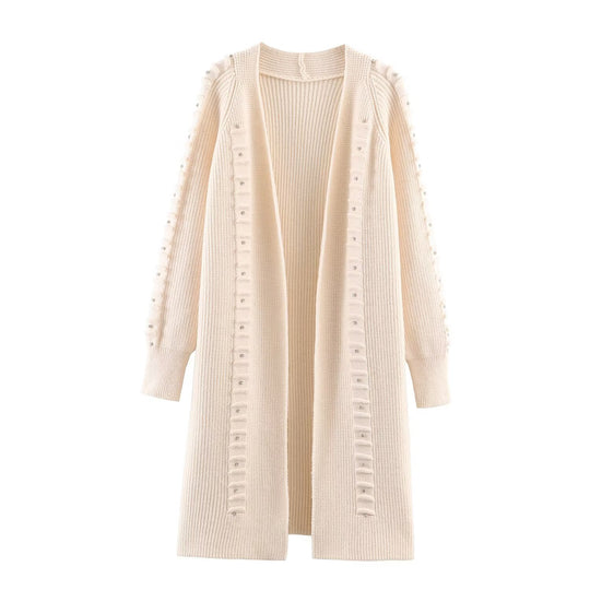 Damen Longline Strickcardigan mit Perlen- und Rüschendetail offene Front Shop Nory