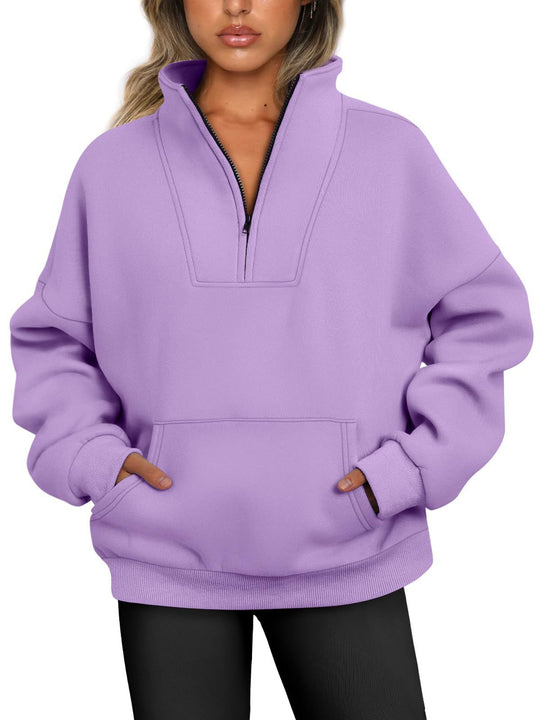 Damen nan oversized Halbzip-Hoodie mit hohem Stehkragen, Kängurutasche und gerippten Bündchen Shop Nory