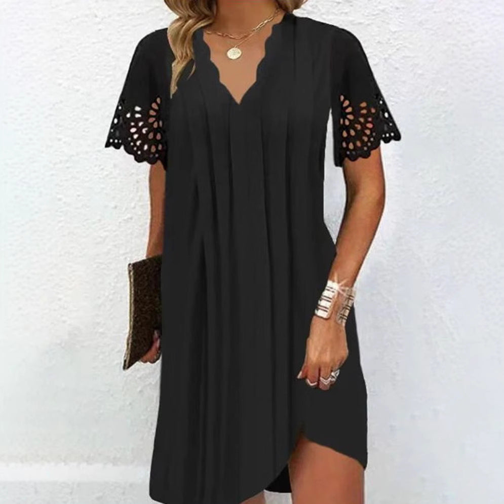 Damen nan leichtes Sommerkleid mit gezacktem V-Ausschnitt Ajourärmeln und geschwungenem Saum