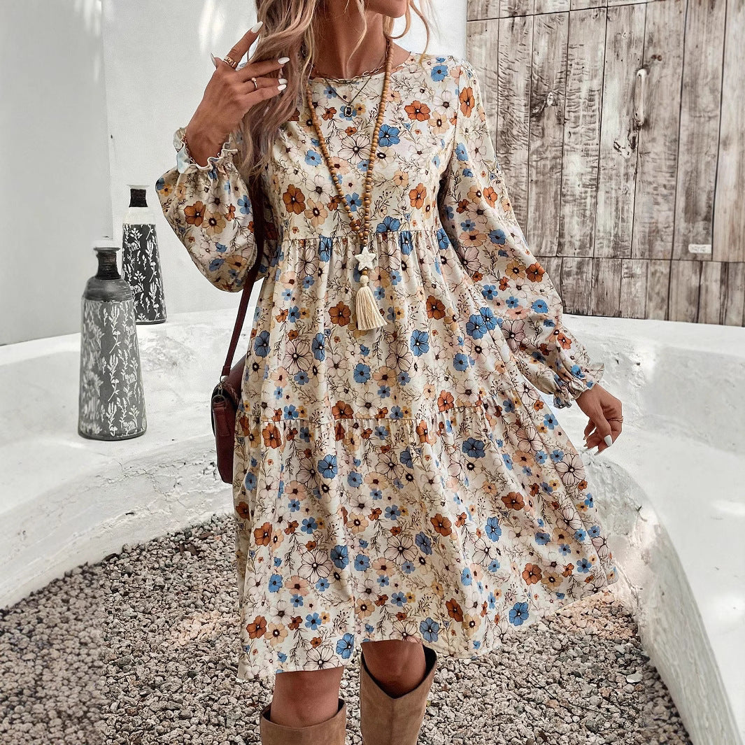 Damen Geblümtes Stufenmidikleid mit Rundhalsausschnitt, geraffter Taillenpartie und Ballonärmeln Shop Nory