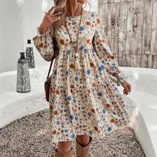 Damen Geblümtes Stufenmidikleid mit Rundhalsausschnitt, geraffter Taillenpartie und Ballonärmeln Shop Nory