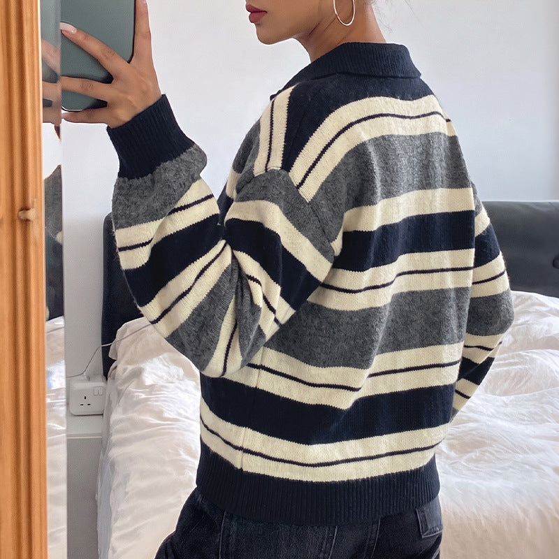 Damen Oversize-Strickpullover mit Polokragen, Streifenmuster und Knopfblende Shop Nory