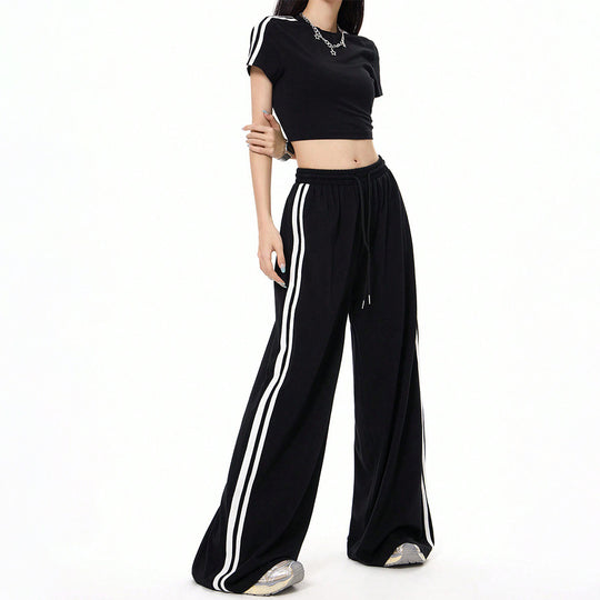 Damen lässige Highwaist weite Sweathose mit elastischem Bund, Tunnelzug und seitlichen Kontraststreifen Shop Nory
