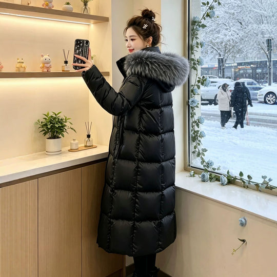 Damen Lange Daunenjacke mit Kunstfellkragen Shop Nory
