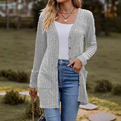 Damen nan langer gerippter Strickcardigan mit Eingrifftaschen und Holzknöpfen Shop Nory