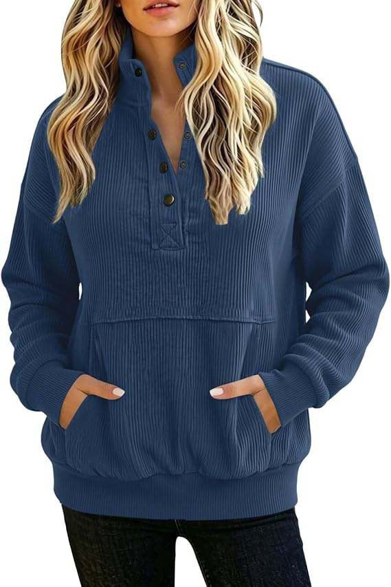 Damen gerippter Henley-Pullover mit Stehkragen und Kängurutasche Shop Nory