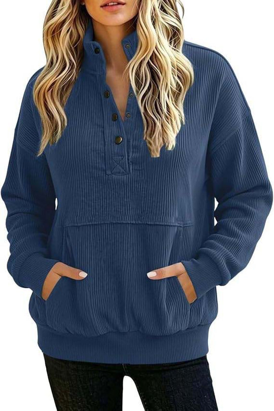 Damen gerippter Henley-Pullover mit Stehkragen und Kängurutasche Shop Nory