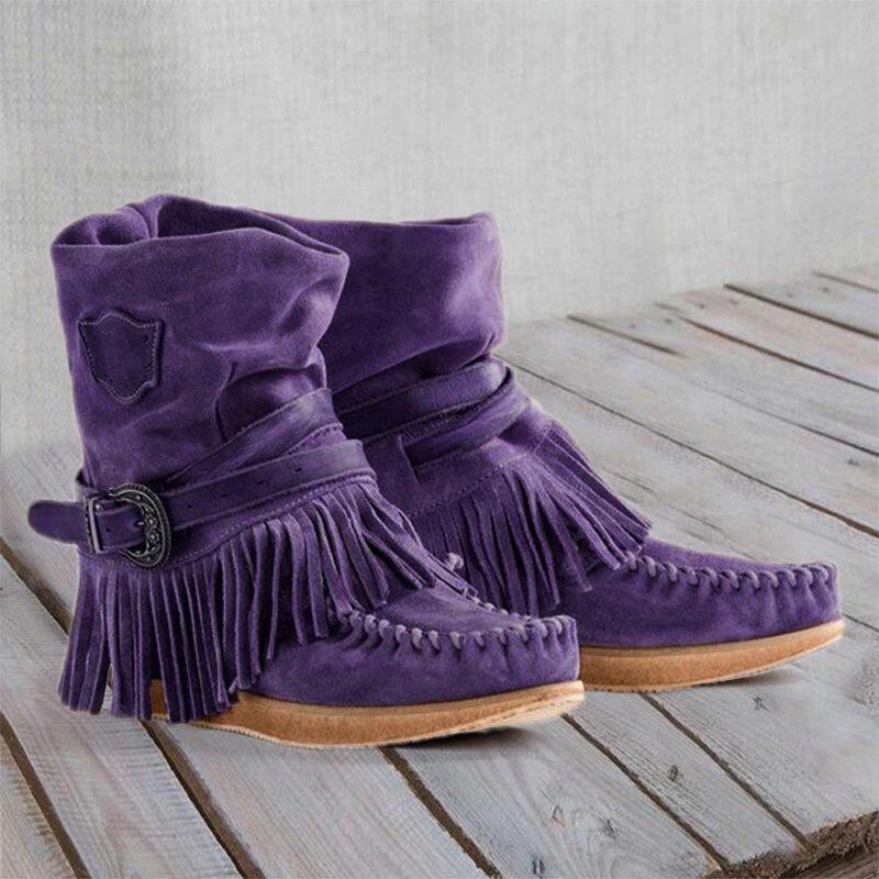 Damen Mokassin-Stiefel mit fransigen Details und modischer Schnalle