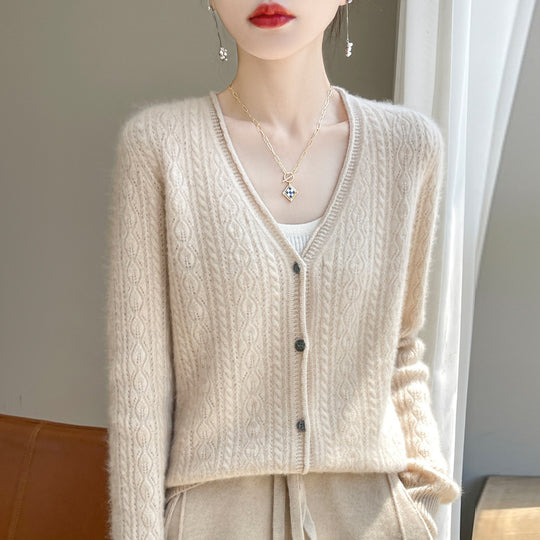Damen Kurzer Zopfmuster-Cardigan im Mohair-Look mit V‑Ausschnitt und gerippten Bündchen Shop Nory