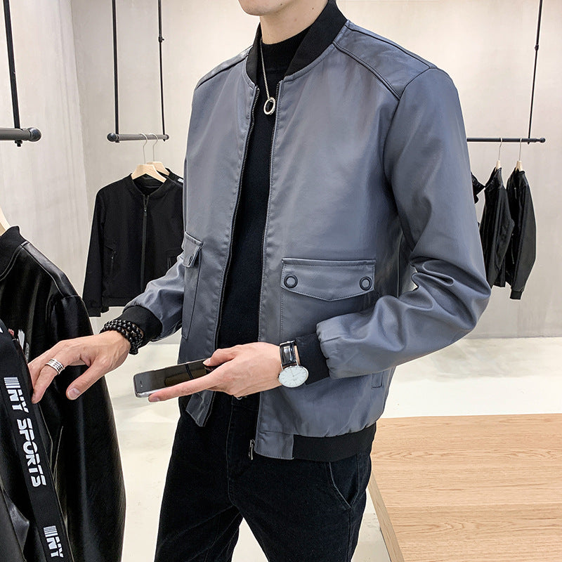 Herren Kunstleder-Bomberjacke im Aviator-Minimalstil mit Pattentaschen und Rippbündchen Shop Nory