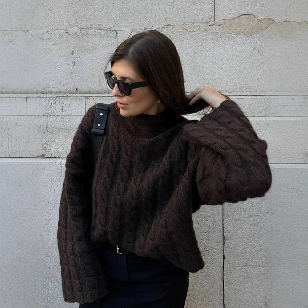 Damen Kurzgeschnittener Zopfstrick-Pullover mit Rollkragen & Ballonärmeln Shop Nory