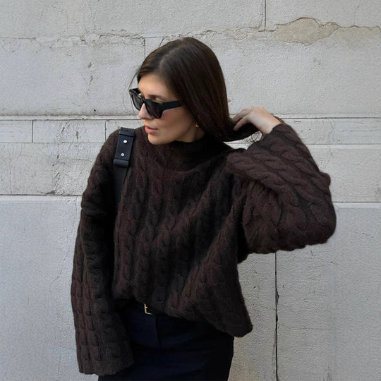 Damen Kurzgeschnittener Zopfstrick-Pullover mit Rollkragen & Ballonärmeln Shop Nory