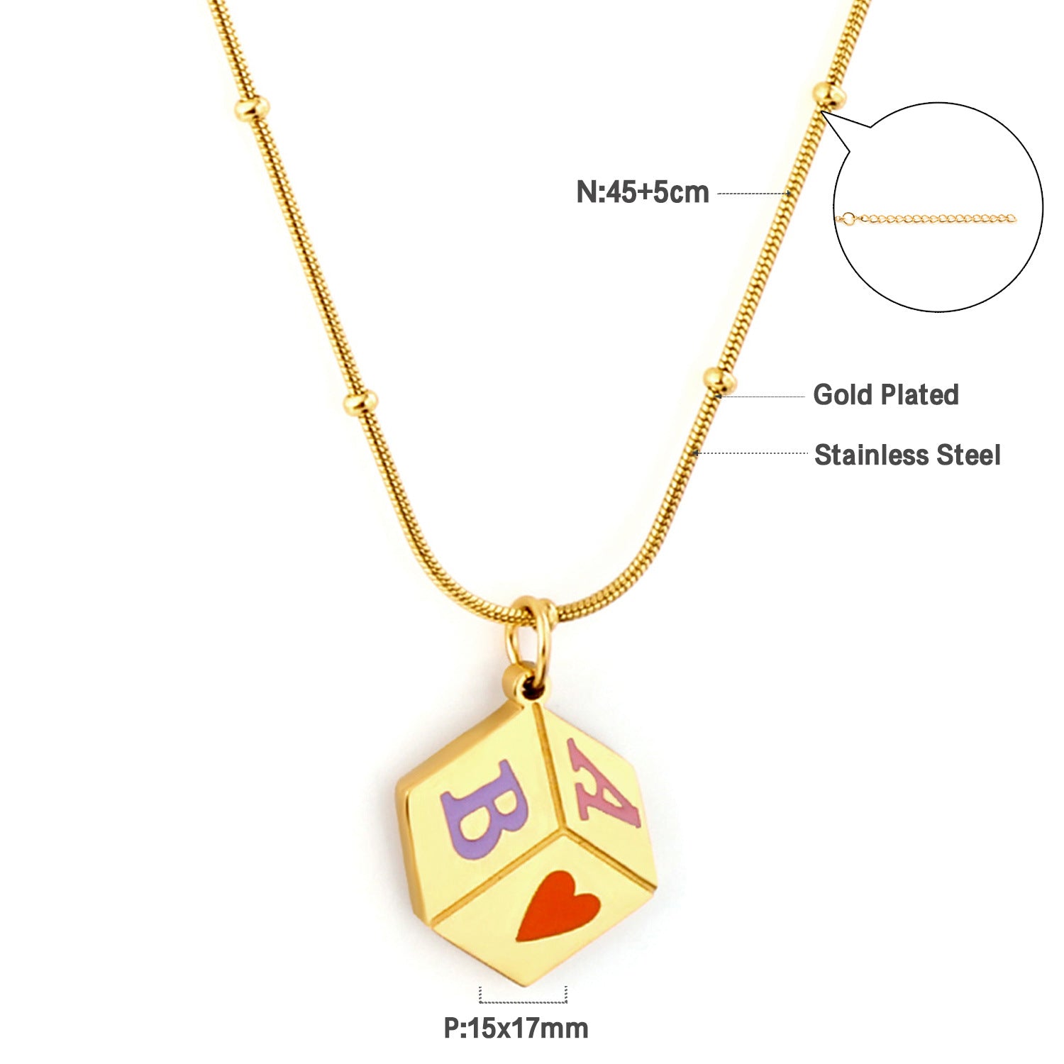 Damen personalisierte Würfel-Halskette aus Edelstahl mit bunten Buchstaben Shop Nory