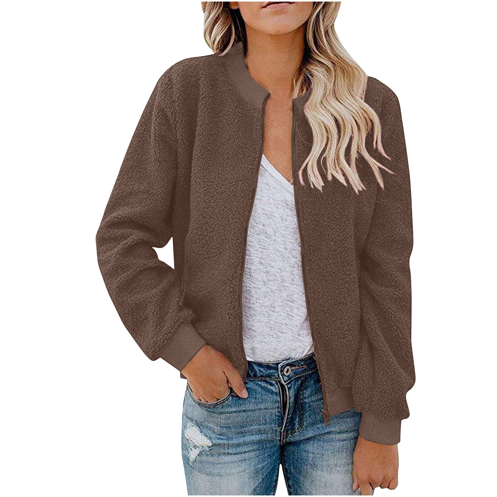 Damen Fleece Bomberjacke mit Stehkragen