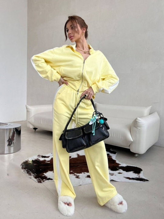 Damen Velours-Loungewear-Set mit Stehkragen, Zip-Jacke und weitem Palazzo-Hosenbein Shop Nory