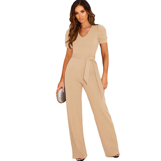Damen Eleganter Jumpsuit mit Taillengürtel und Puffärmel