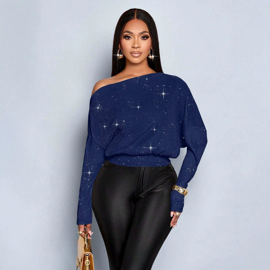 Damen Off-Shoulder Rippstrick-Pullover mit Glitzereffekt und Batwing-Ärmeln Shop Nory