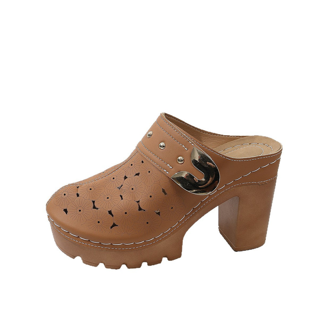 Damen Plateau-Clogs mit floralem Perforationsmuster, dekorativer Metallschnalle und hohem Blockabsatz Shop Nory