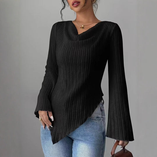 Damen Asymmetrischer Gerippter Feinstrickpullover mit V-Ausschnitt Shop Nory