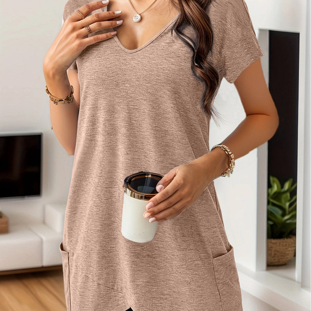Damen Bequemes V-Ausschnitt T-Shirt mit praktischen Taschen