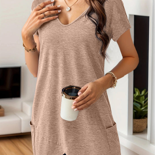 Damen Bequemes V-Ausschnitt T-Shirt mit praktischen Taschen