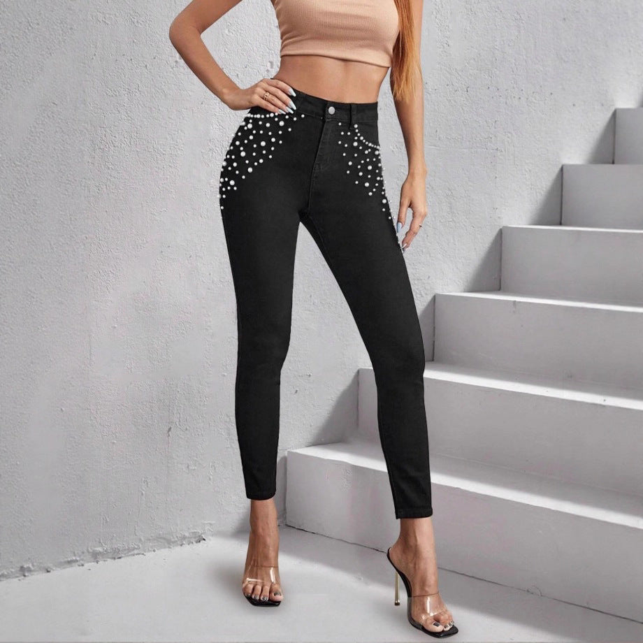 Damen Hochtaillierte Skinny-Jeans mit Perlenverzierung Shop Nory